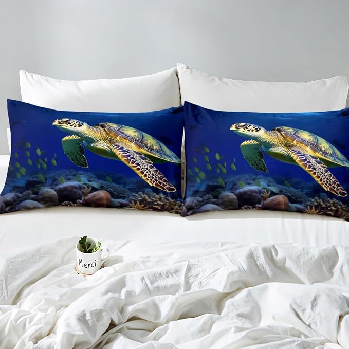 Erosebridal 3D Sea Turtle Bedding Set Blue King for Boys Kids Girl Ocean Beach Themed 4 Piece Sheet Set Children Teens Retro Tortoise Fitted Sheet Hawaiin Turtle Fish Print Flat Sheet for All Seasons - Image 5