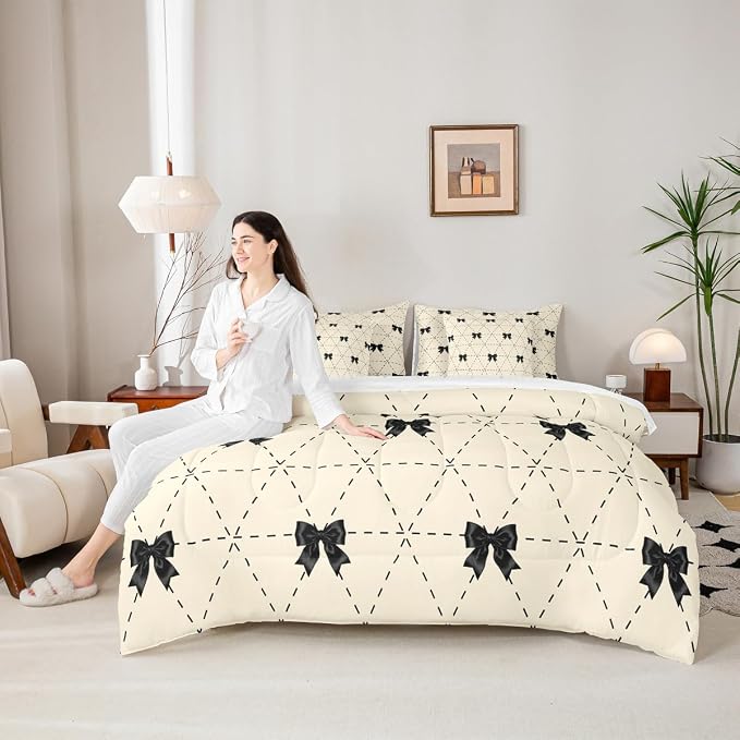 Erosebridal Black Bow 7 Piece Comforter Set King for Kids Bedroom | Modern Bow Tie Bedding Set for Girls Coquette Bows Comforter with Sheets Girly Bowknot Striped Geometric Soft Warm Quilt Duvet - Image 4