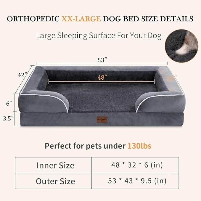 Comfort Expression Orthopedic Dog Bed for Extra Large Dogs with Bolster | Waterproof Dog Couch Bed with Washable Cover & Non-Slip Bottom, Supportive Egg Crate Foam Big Dog Bed, 53x42Inch - Image 3