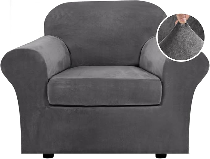 H.VERSAILTEX Rich Velvet Stretch 2 Piece Cover Chair Slipcover Sofa Cover Furniture Protector Couch Soft with Elastic Bottom Chair Couch Cover with Arms Width Up to 49 Inch(Chair,Grey) by HVERSAILTEX