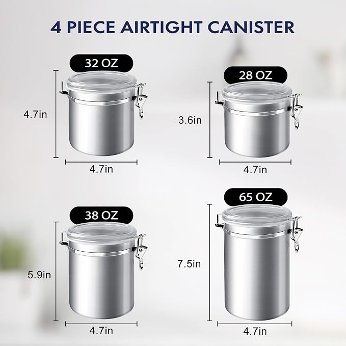 ENLOY 4-Piece Stainless Steel Airtight Food Storage Canister Set with Clear Lid, Containers Sets for Kitchen Counter for Sugar, Flour, Tea, Candy, Cookie, Spice, 28/32/38/65 oz - Image 2