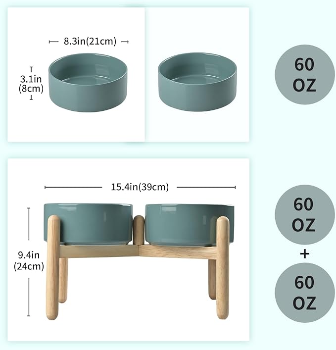 SPUNKYJUNKY Ceramics Elevated Dog Feeding Stand with Wooden Base - Double 60oz Bowls for Medium Large Dogs (Dark Green) - Image 2