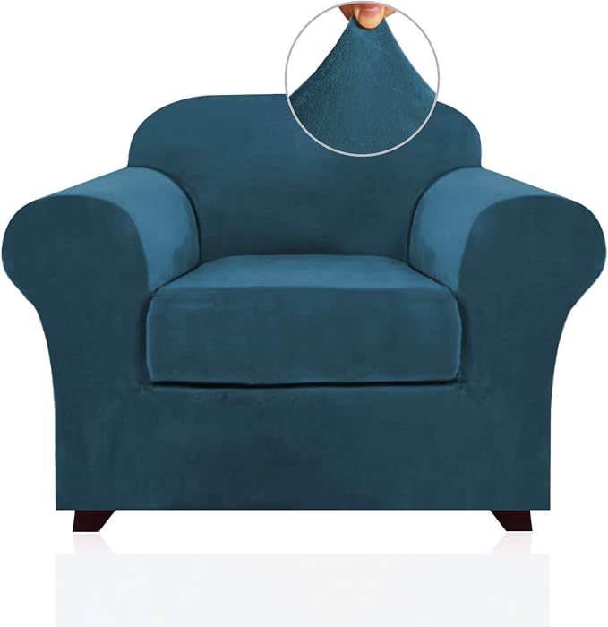 PrinceDeco Velvet Plush Couch Cover Stretch 2 Piece Chair Cover Chair Slipcover Washable Furniture Protector Couch Soft with Elastic Bottom Armchair Cover Width Up to 49 Inch(Small, Deep Teal) by PrinceDeco