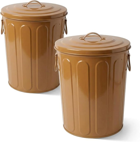 Plexon 5 Gallon Small Metal Trash Can with Lid Outdoor Galvanized Steel Bucket with Lid 5 Gal Storage Can for Dog Food Bird Seed Storage Container, Brown 2 Pack by Plexon