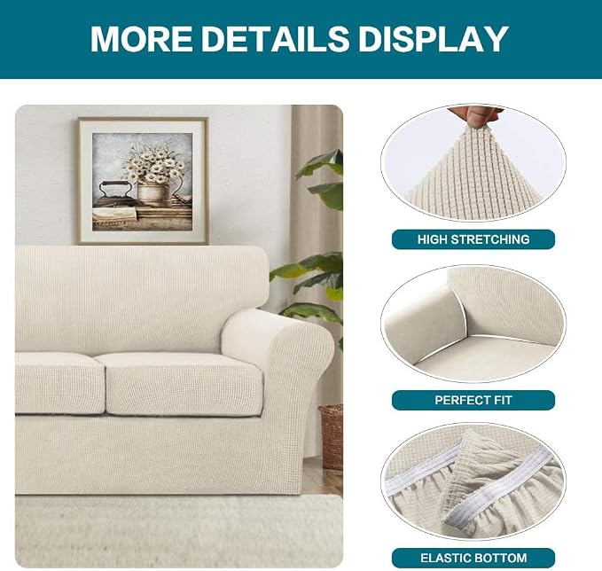 Turquoize 3 Piece Sofa Covers for 2 Cushion Couch Sofa Slipcover Soft Cover for Dogs-Washable Furniture Covers with 2 Individual Cushion Covers, Feature Jacquard Fabric(Loveseat, Biscotti Beige) - Image 4