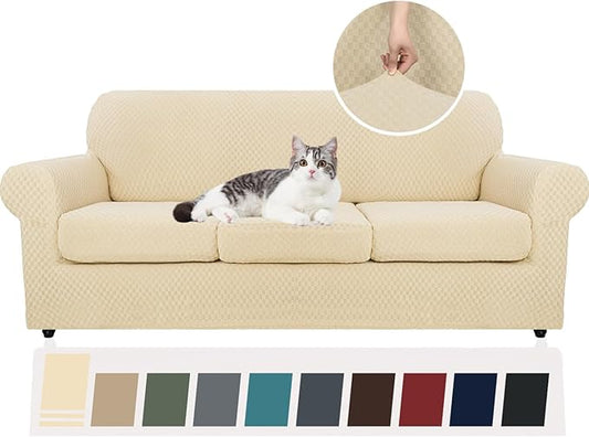 YEMYHOM Latest Checkered 4 Pieces Couch Covers for 3 Cushion Couch High Stretch Thickened Sofa Cover for Dogs Pets Elastic Slipcovers Living Room Furniture Protector (Beige), 71"-91"(3 Cushions) by YEMYHOM