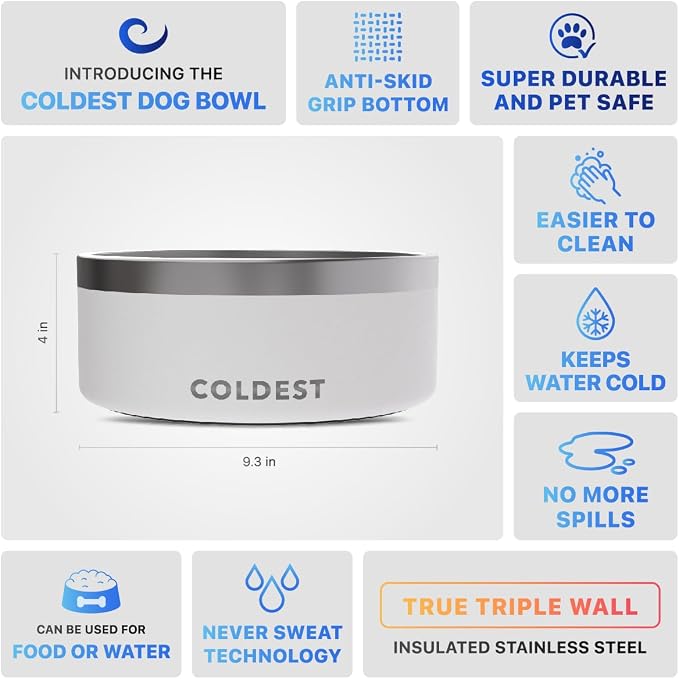Coldest Dog Bowl - Anti Rust Metal, Non Slip, 3 Layers Insulated Stainless Steel Dog Bowls - Spill Proof & Heavy Duty - Water Bowl for Dogs, Cats & Pets, Dish Washer Safe (100 oz, Epic White) - Image 5