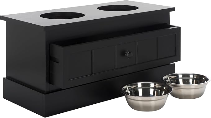 SAFAVIEH Home Collection Boomer Matte Black Elevated Pet Feeder Dog Bowl Stand with Drawer (Fully Assembled) by Unknown