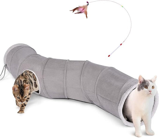 Ownpets S-Shape Cat Tunnel Toy 48"L x 10"D, for Cats, Puppies & Small Pets | Collapsible for storage, tear-resistant oxford fabric, connects to other tunnel, with peek hole, feather wand, indoor/outdoor by Ownpets