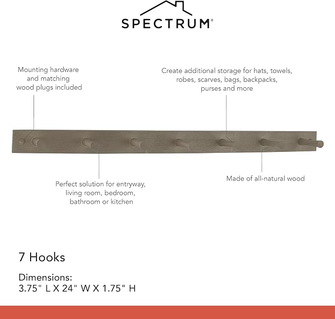 Spectrum Wall Mount 7 Peg Coat Rack Large Mounted Wooden Pegs Rail for Hanging Coats Bags Jackets Clothes Purses Backpack, Easy Install Heavy Duty Hanger Rack Mount for Closet Entryway Bedroom, Greige - Image 6