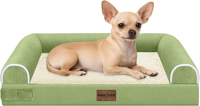 NANUYA Orthopedic Dog Bed for Small Dogs, 24 x 16 Inch, Grass Green | Egg crate foam for joint support, 3-sided bolster pet sofa, waterproof lining, washable cover, and non-skid base by Nanuya