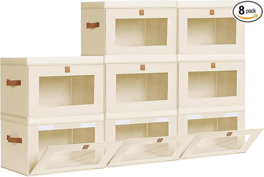 Homsorout Large Closet Storage Bins - Collapsible Clothing Organizer with Handles & Window, Decorative Bin with Lids, Linen Closet Organizers for Living Room, Dorm, 8 Pack, Beige by Homsorout