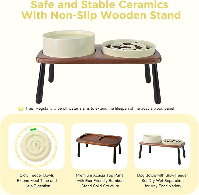 SPUNKYJUNKY Ceramic Elevated Dog Bowls with Slow Feeder Raised Acacia Bamboo Wooden Stand, 8.3'' Dog Food Water Bowls Set Non-Slip for Medium Large Sized Breed Microwave Dishwasher Safe - Beige - Image 5