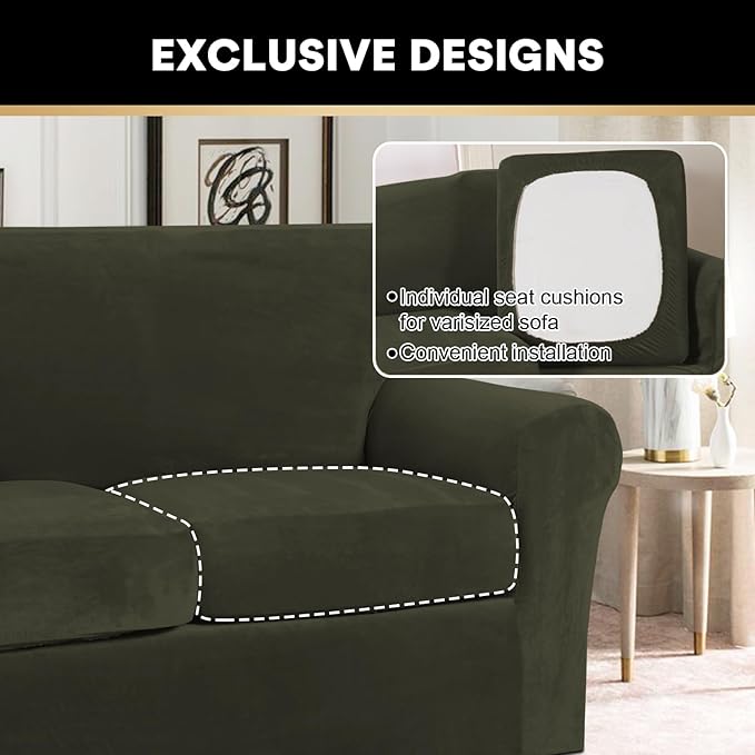 PrinceDeco Velvet Plush Couch Cover Stretch 2 Piece Chair Cover Chair Slipcover Washable Furniture Protector Couch Soft with Elastic Bottom Armchair Cover Width Up to 49 Inch(Small, Olive) - Image 5