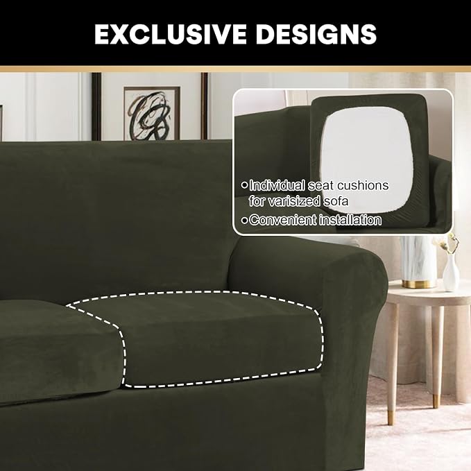 PrinceDeco Couch Cover Velvet Plush Sofa Covers for 2 Cushion Couch Width Up to 90 Inch Washable Furniture Protector Pet Friendly No Slip Sofa Slipcover(Medium-Large, Olive) - Image 5