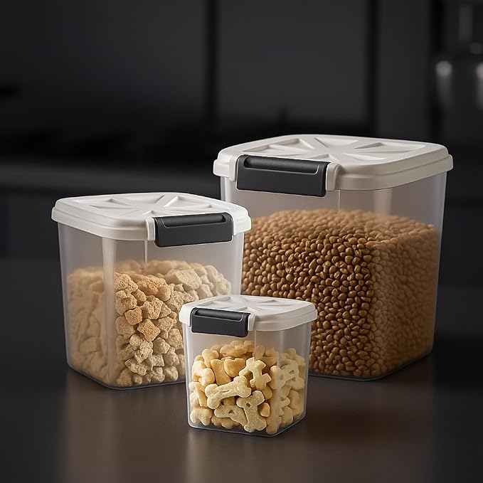 LivLab Mker Airtight Dog Food Storage Container 20 lbs, Pet Food Storage Bin with Lid 4 lbs & 6 lbs & 10 lbs, 3 Pack, Cat Treat Container, Stackable, 3 Measuring Cup, Save Space,White by LivLabMker