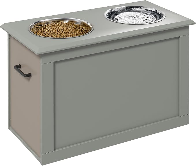 PawHut Raised Pet Feeding Storage Station with 2 Stainless Steel Bowls Base for Large Dogs and Other Large Pets, Gray | with2 Stainless Steel Bowls Base for Other Large Pets by PawHut