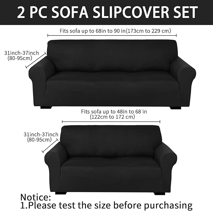 Peryiter 2 Pcs Sofa Covers Couch and Loveseat Covers Set Stretch Sofa Slipcover for Living Room Armchair Furniture Protector, Wrinkle Proof(Black,Milk Silk) - Image 2