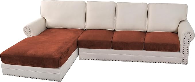 H.VERSAILTEX Velvet Stretch Sectional Couch Covers 4 Pieces Sofa Seat Cushion Covers L Shape Separate Cushion Couch Cover for Both Left/Right Sectional Couch (Large Sofa 3 Seater + 1 Chaise, Rust) by HVERSAILTEX