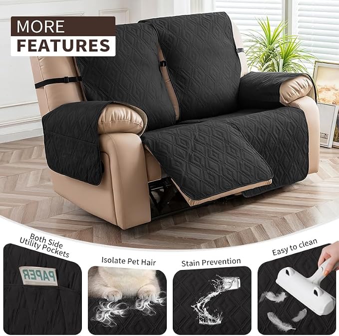 Genina Black Waterproof Loveseat Recliner Cover, Non-Slip, Sofa Cover for Reclining Couch 2 Seat, Washable Couch Cover Loveseat Furniture Protector Cover for Pets Dogs Kids - Image 3