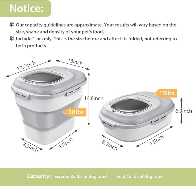 Collapsible Dog Food Storage Container, Airtight Sealed Pet Container with Measuring Scoop & Wheels, 30 lb Large Plastic Cat Containers Bin for Treats, Grey - Image 2