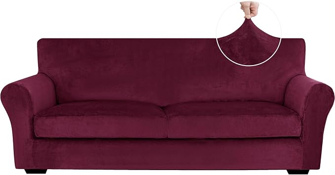 XINEAGE 3-Piece Velvet Sofa Cover,Couch Covers for Dog,Wine Red | 2 Cushion Sofa,Stretch Non-slip Elastic, Pet-friendly, Washable, Fast Setup, Soft Plush Fabric, Furniture Protector. by XINEAGE