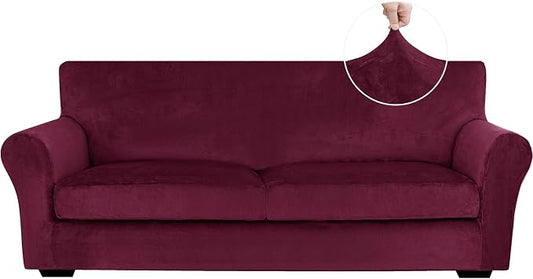 XINEAGE 3-Piece Velvet Sofa Cover,Couch Covers for Dog,Wine Red | 2 Cushion Sofa,Stretch Non-slip Elastic, Pet-friendly, Washable, Fast Setup, Soft Plush Fabric, Furniture Protector. by XINEAGE