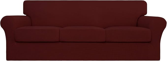 Easy-Going 4 Pieces Stretch Couch Cover Sofa Cover for Dogs Washable Sofa Slipcover for 3 Separate Cushion Couch Spandex Jacquard Fabric Elastic Furniture Protector for Pets, Kids (Wine, Sofa) by Easy-Going