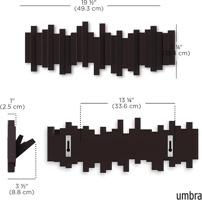 Umbra Sticks Wall Mount Coat Rack, 5 Hook Retractable Pegs, Espresso | Mounting hardware included, sculptural modern design, entryway or bedroom use, recycled plastic - Image 3