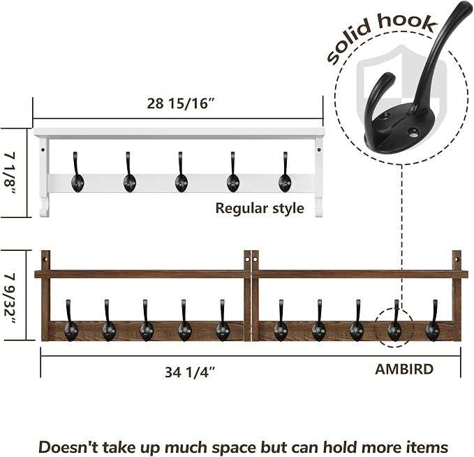 AMBIRD 34.2 inch Wooden Extra-Long Wall Hook Rack with Shelf - Versatile and Decorative Wall-Mounted Storage - 10 Hooks for Hanging Coats, Hats, Scarves - Ideal for Entryways, Bedrooms, Closets - Image 5