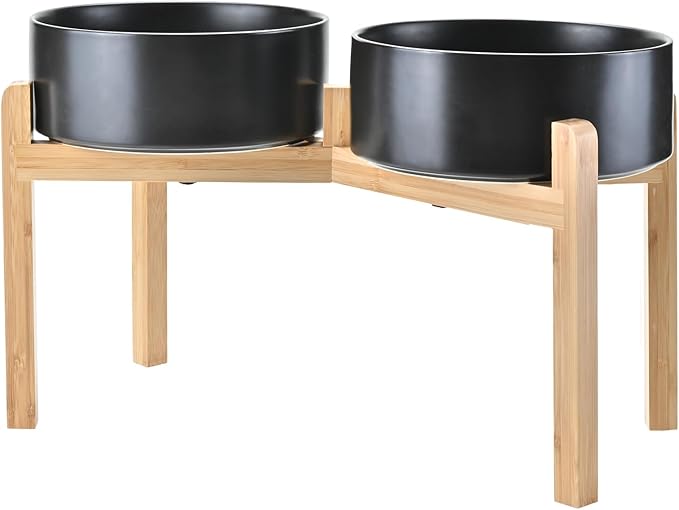SPUNKYJUNKY Elevated Dog Bowls Ceramic, 8.3'' Dogs Food Water Bowls Raised with Non-Slip Bamboo Stand for Large Sized Breed Microwave Dishwasher Safe - 60 OZ,Black by SPUNKYJUNKY