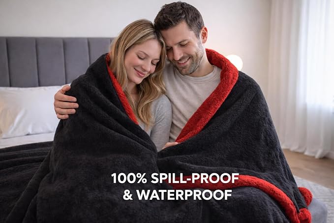 Waterproof Throw Blanket - Sherpa Fleece Reversible Throw, Soft Warm Leak-Proof Bed & Couch Protector for Kids, Pets & Everyday Spills (Velvet Red/Obsidian Black, Throw 50x60 - Image 6