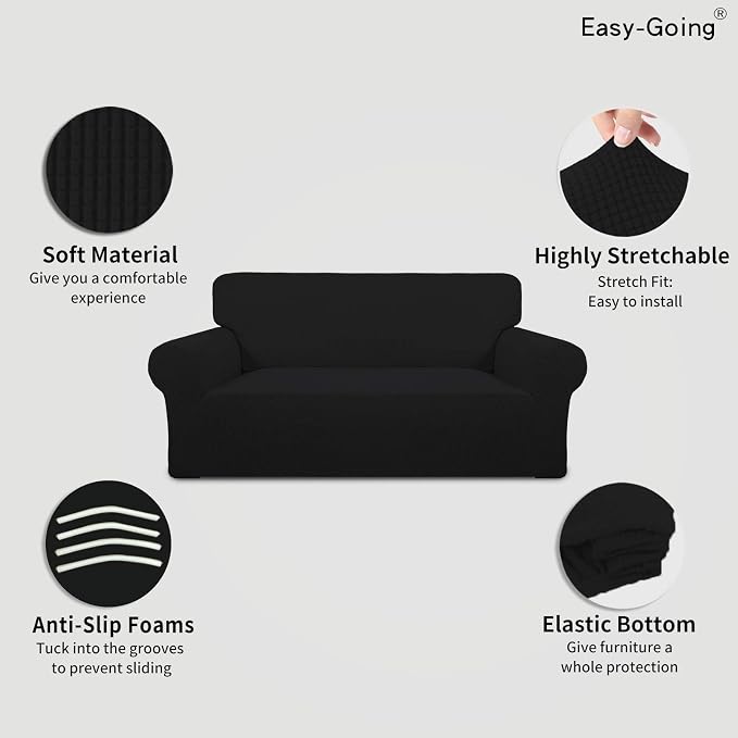 Easy-Going Stretch Oversized Loveseat Couch Covers Washable Black | 1-Piece Large Loveseat Cover for 2 Cushion Couch Furniture Protector RV Sofa Slipcover Soft with Bottom for Kids Pets - Image 3