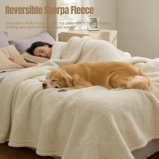 Waterproof Dog Blanket Reversible Pet Bed Cover Puppy Fluffy Cream Blankets Leakproof Sofa Couch Cover Cat Pet Blanket for Warm Washable-M - Image 3
