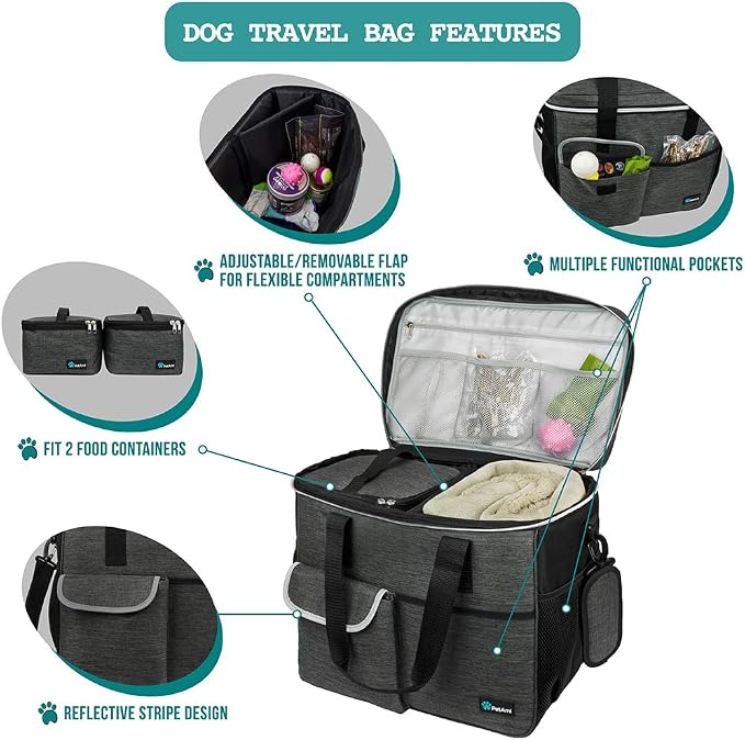 PetAmi Dog Travel Bag Organizer, Pet Travel Kit with 2 Food Containers & 2 Collapsible Dog Bowls, Pet Supplies Tote with Luggage Sleeve, Weekend Road Trip Camping Essentials, Dark Gray, Large - Image 4