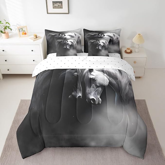 Erosebridal 7 Pcs Comforter Set Full Size, Black White Horse Bed in a Bag with Flat Sheet and Fitted Sheet for Kids and Adults, Vintage Animals Bedding Set with 2 Pillowcases & 2 Pillow Shams by Erosebridal
