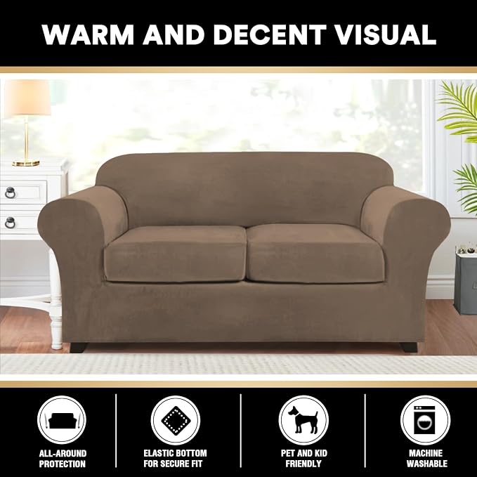 PrinceDeco Velvet Couch Cover Loveseat Covers for 2 Cushion Couch 3 Piece Sofa Covers for Dogs Washable Loveseat Covers Width Up to 72 Inch No Slip Stretch Sofa Slipcover(Medium, Mocha) - Image 3