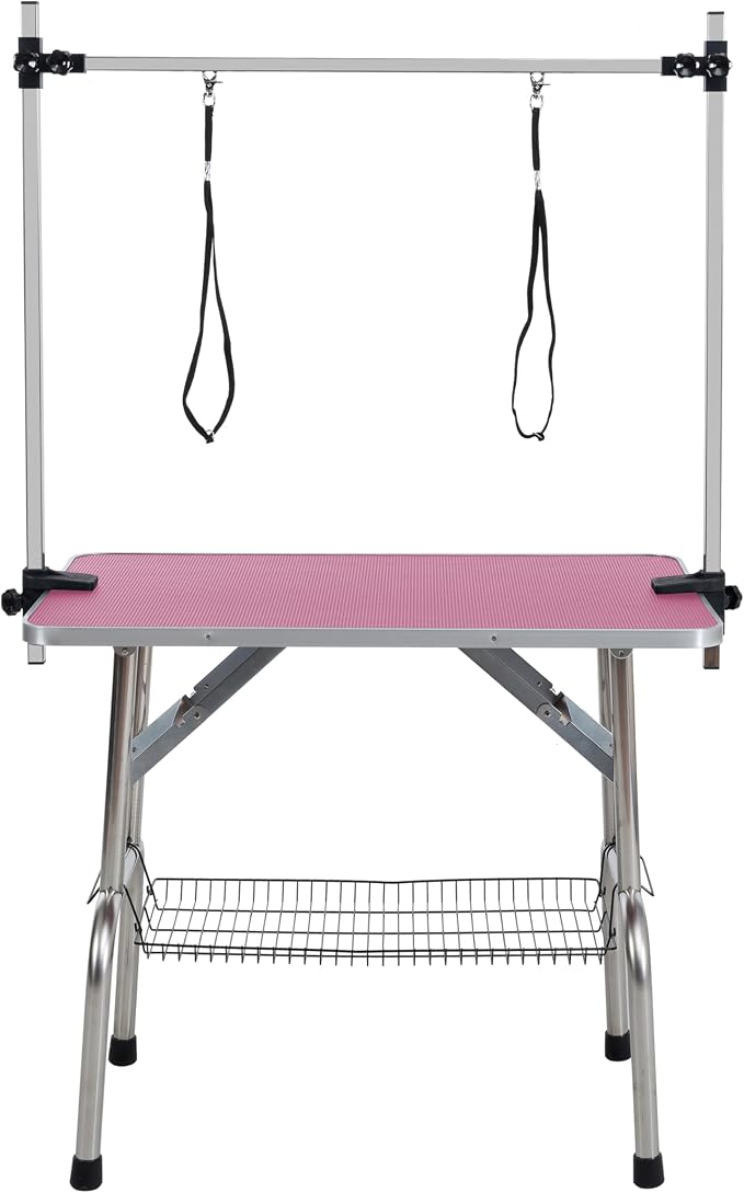 Professional Dog Pet Grooming Table Adjustable Heavy Duty Portable w/Arm & Noose & Mesh Tray (Pink, 42") - Image 8