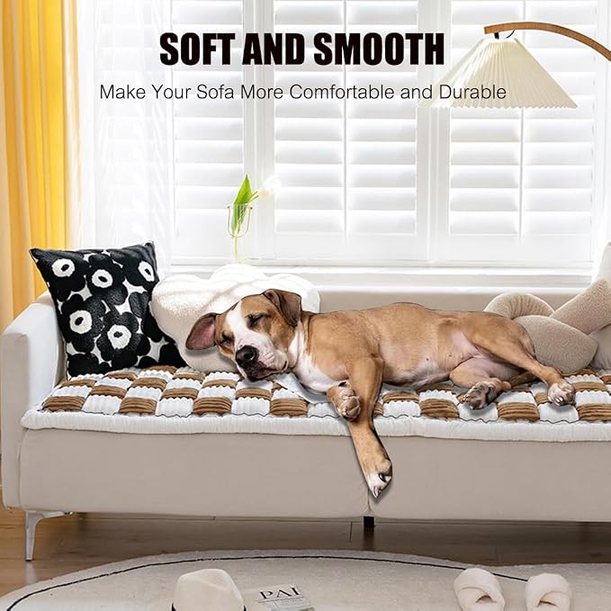 Fuzzy Chic Cotton Protective Couch Cover, Machine Washable & Non-Slip Mat Bed, Cream-Coloured Plaid Pet Mat for Cats & Dogs (Dark Coffee, 23.6*62.9inch) - Image 3