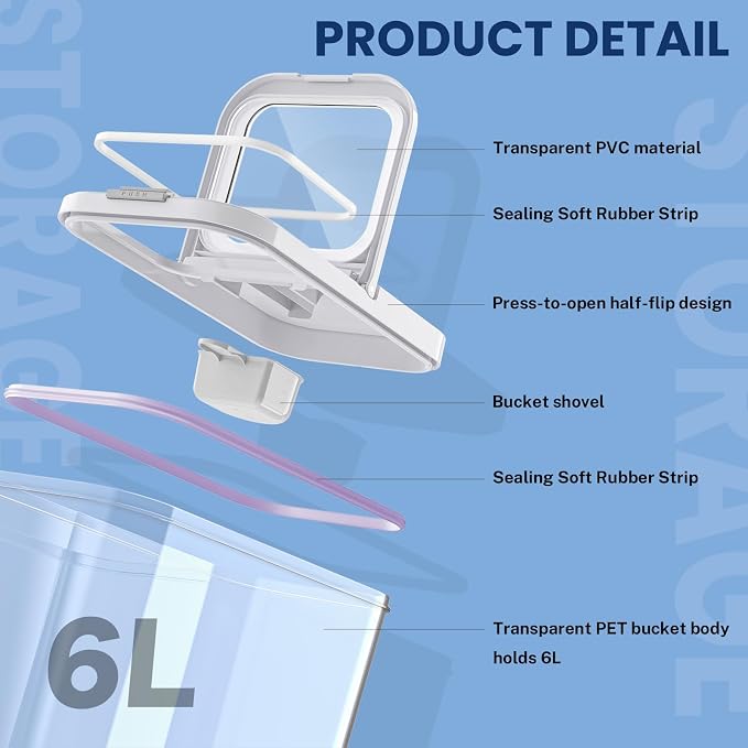 LEAWALK 6 Lbs Airtight Dog Cat Food Storage Container and Dog Treat Containers BPA-Free, PET Clear Stackable Pet Storage Bin, 1-Cup Scoop, 1-Sponge cleaning brush, Pop Top, With handle, Easy Mobility - Image 5