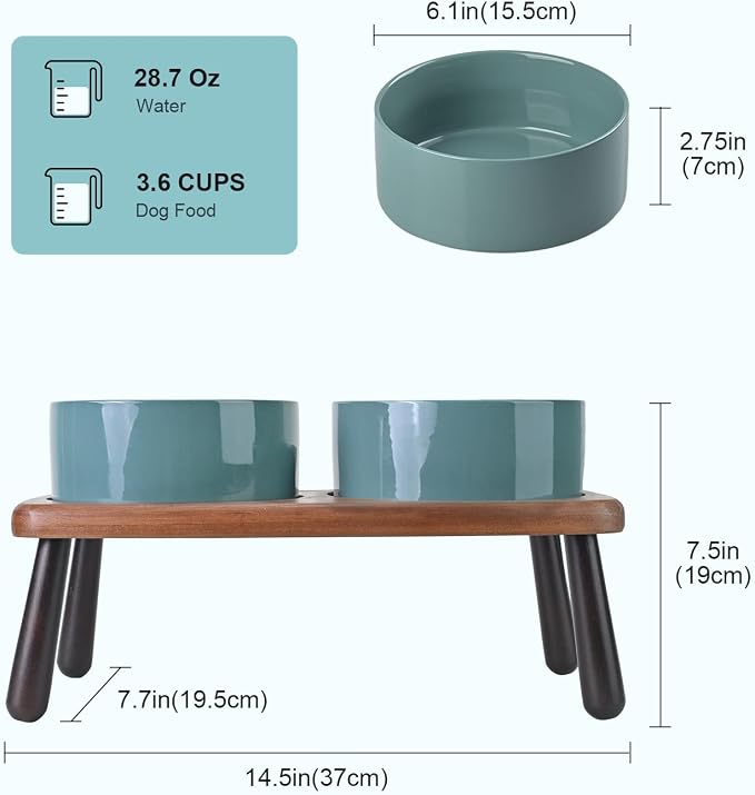 SPUNKYJUNKY Ceramic Elevated Dog Bowls Raised with Acacia Bamboo Wooden Stand, 6.1'' Dog Cat Food Water Bowls Set Non-Slip for Small Medium Sized Breed Microwave Dishwasher Safe - 28.7 OZ,Dark Green - Image 2