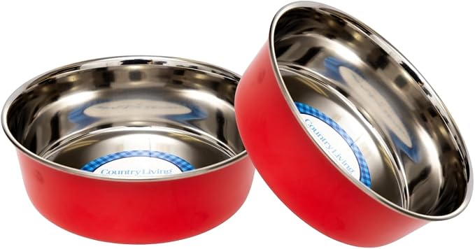 Country Living Set of 2 Heavy Gauge Stainless Steel Dog Bowls - Non-Skid, Durable & Rust-Resistant - Perfect for Food & Water - Vibrant Red, 64 oz Capacity by CountryLivingHearth