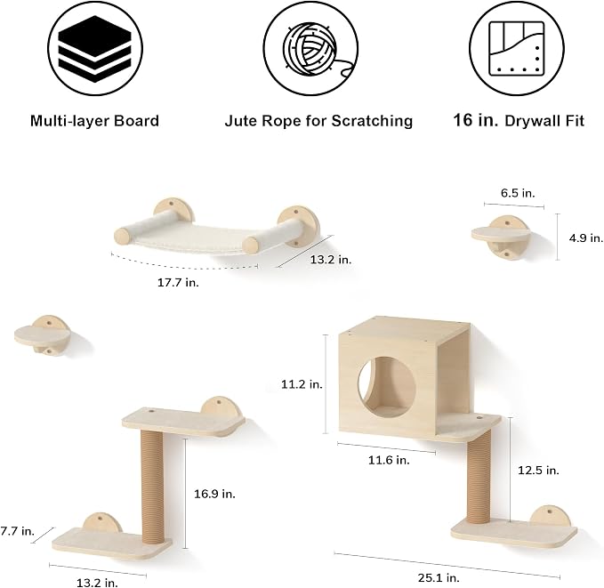 FUKUMARU Cat Wall Shelves, 5 in 1 Set, Beige | Stable Wooden Wall-Mounted Furniture Set, Kitty Climber with Hammock, House, Steps, Scratching Post - Image 5