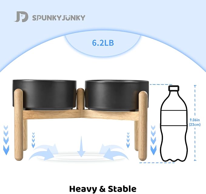SPUNKYJUNKY Ceramics Elevated Dog Bowls with Wooden Stand Raised Dog Bowl for Medium Large Dog Food and Water Pet Feeding Bowl(Double 60OZ Bowls,Black) - Image 5