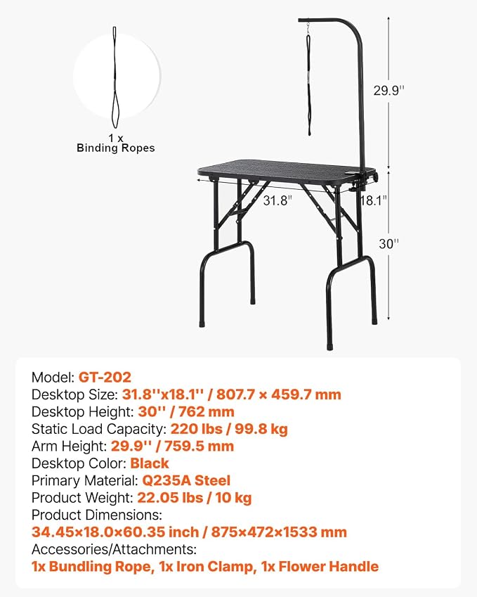 VEVOR Pet Grooming Table, 32 x18 Inch with Height Adjustable Arm, 220LBS Static Weight Capacity, Foldable Dog Groom Station with No-Sit Haunch Holder with Grooming Loop, for Medium and Small Dogs - Image 7