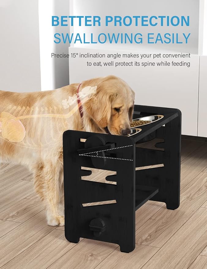 Vantic Elevated Dog Bowls, Raised Dog Bowl Stand Adjustable Medium, Black | Bamboo Elevated Feeder with 2 Stainless Steel Bowls, Adjustable Height Stand for Medium Dogs - Image 4