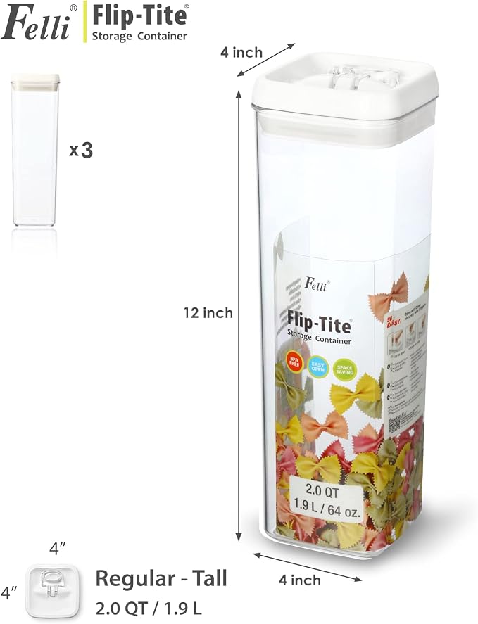 Felli Flip Tite TALL Storage Container with Lid 4" Air Tight Easy Open Ring Top, Clear Acrylic Skinny Canister Jar for Spaghetti Lasagna Fettuccine Noodle, Kitchen Cupboard Pantry Organizer (2.0 qt) - Image 3