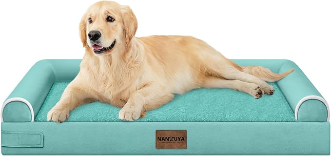 NANUYA Orthopedic Dog Bed for Large Dogs, 36 x 27 Inch, Aqua Blue | Egg crate foam for joint support, 3-sided bolster pet sofa, waterproof lining, washable cover, and non-skid base by Nanuya