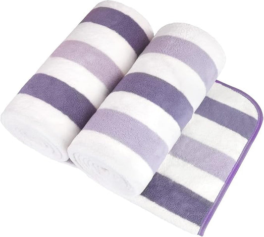 JML Microfiber Bath Towels, Bath Towel 2 Pack 30" x 60", Oversized, Soft, Super Absorbent and Fast Drying, Multipurpose Bathroom Towel Set for Sport, Fitness, Yoga, Coral Fleece Stripe Purple by JML