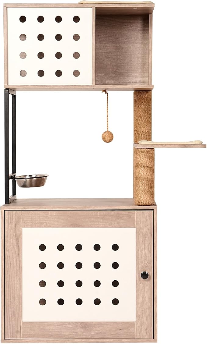 Cat Tree with Litter Box Enclosure, All-in-one Cat Tower for Indoor Cats with Large Hammock, Bed, Food Station, Scratching Posts, Modern Style Pet Furniture, Gray+White - Image 8